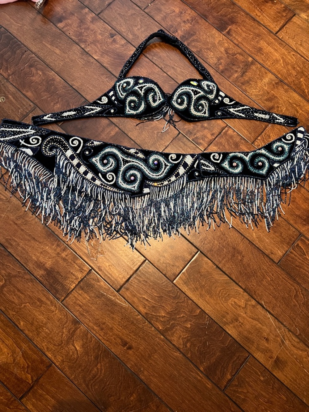 Black and blue rhinestone beaded belly dance costume Bedlah set professional